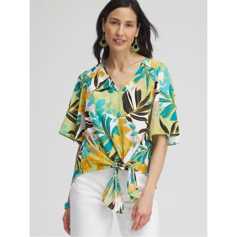 Chico’s Floral V neck Tie Front Top SZ 1 US 8 Flutter Sleeve Color Multi